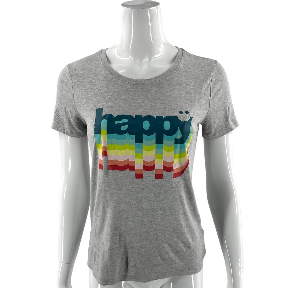 EV1 Womens Top Size Small Gray Rainbow Happy Graphic Short Sleeve Tee Shirt